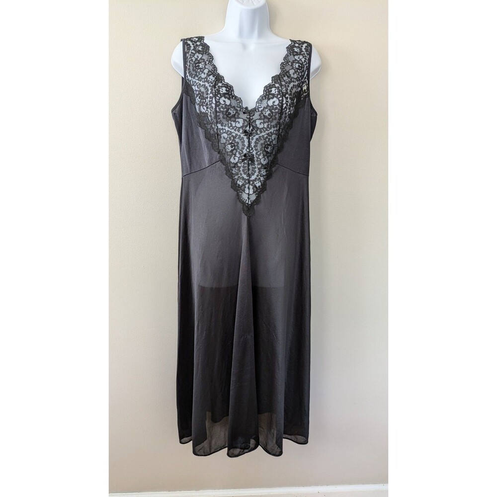 Vtg Soft Moments Silky Nylon Midi Nightgown XL Black Lace Slip Dress Romantic